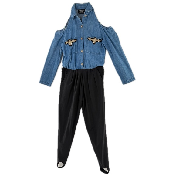 Vintage 90's Denim Cold Shoulder Jumpsuit w/Black Stirrup Pants w/Pockets Size 4 - Picture 17 of 17